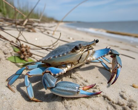 Blue Crab (Callinectes sapidus) on a Sandy Beach with Ocean Background