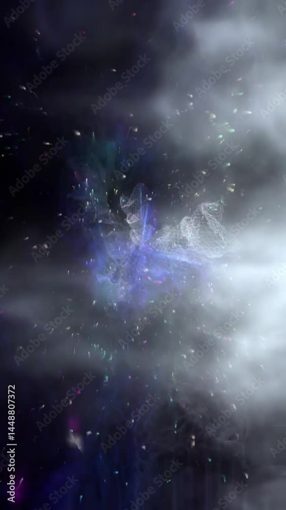Poster A dynamic display of vibrant particles dances through a foggy backdrop, illuminating the dark atmosphere with enchanting colors, vertical video
