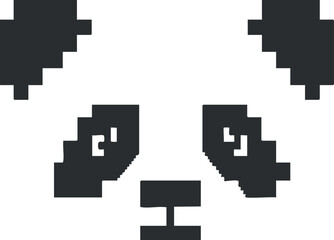 Pixel art illustration of a cute panda face with black and white colors and minimalistic design.