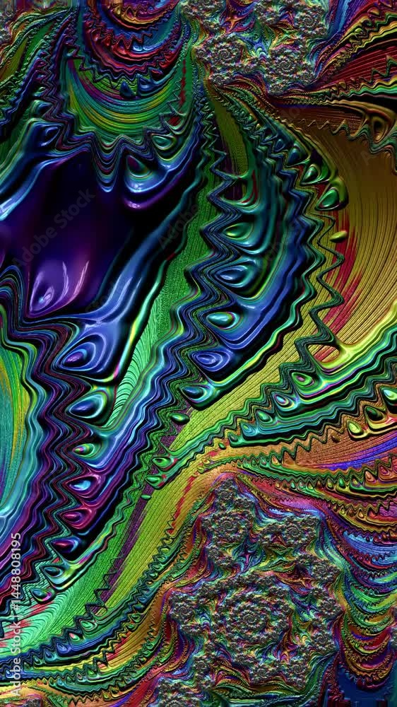 Poster vivid colors and flowing forms that create a dynamic visual experience with depth and movement, vertical video