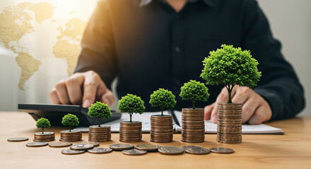 Person calculating growth with coins and trees on a desk with a world map in the background