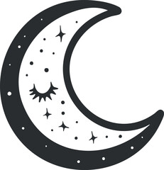 Black and white crescent moon with stars and sparkles representing night and dreams
