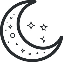 Simple black crescent moon icon with stars representing night sky and celestial space