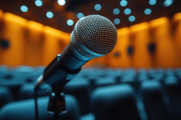 Microphone on stand ready for a performance in a large concert hall