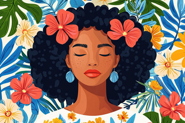 Beautiful black woman relaxing surrounded by tropical flowers