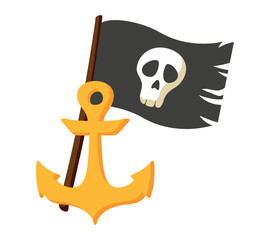 Black torn flag with Skull, golden Anchor for children books, party decorations, games and graphic. Pirate image. Buccaneer, yellow hook. Isolated on white background. Flat style. Vector illustration