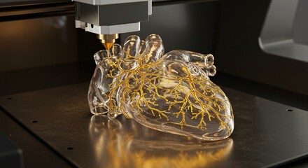 Transparent anatomical heart model with golden blood vessels on a 3d printer bed. Realistic render of a medical bioprinting process. Future of organ manufacturing and transplantation concept.