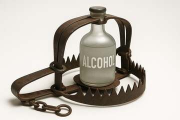 Creative display combining a bear trap and a glass bottle labeled as alcohol