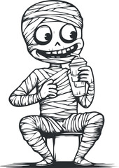 Black and white cartoon illustration of a cute mummy character sitting and drinking from a cup with a straw.