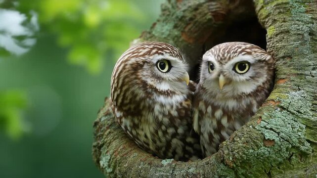 Two Little Owls nestling in a tree cavity, their brown and white patterned feathers blending with the wood and green foliage