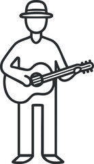 Black and white line drawing of a man wearing a hat playing an acoustic guitar