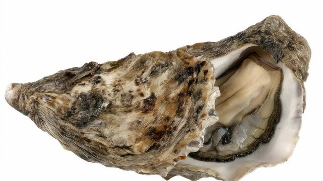 Open raw oyster with textured shell on a white background. Single mollusca with visible meat detail and shell patterns.