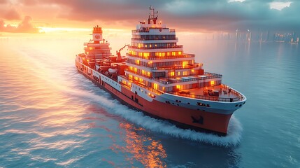 Orange And White Cargo Ship Sailing On Sea At Dusk High Resolution Photo