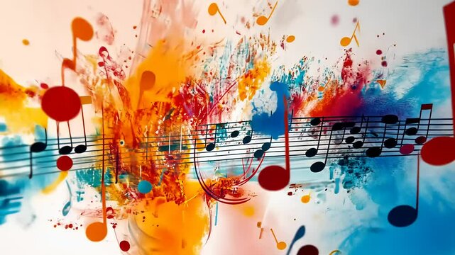 Vibrant abstract music composition featuring colorful notes and splashes in a dynamic background