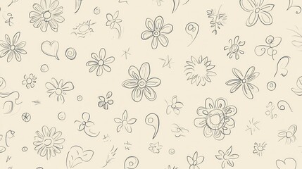 Light beige background adorned with various whimsical flower and decorative sketches.