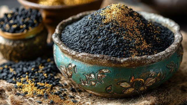 Bowl of black cumin seeds with golden hue on natural textile for holistic healing