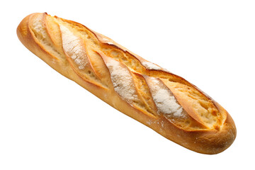 A single loaf of crusty french bread on a clean presentation isolated on transparent background.