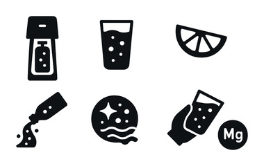Plakat Soda and sparkling water solid icons set - filled style beverage, refreshment, and carbonation symbols: soda maker, fizzy drink, lemon slice, pouring bottle, bubbles, glass, magnesium