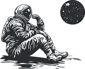 Black and white illustration of an astronaut sitting and looking at a distant planet with stars in outer space
