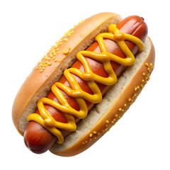 Delicious hotdog with mustard ready to be eaten quickly now isolated on transparent background.