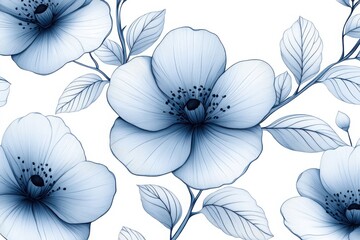 Obraz premium Elegant blue floral pattern featuring delicate petals and leaves on a white backdrop