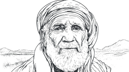 Hand-drawn black and white portrait of an elderly man with a beard and headscarf in a desert landscape