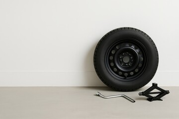 Black spare tire and jack placed on a smooth floor in a minimal setting
