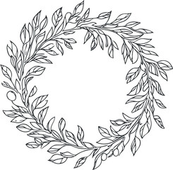 Hand drawn botanical wreath with leaves forming a circular frame for decoration or design