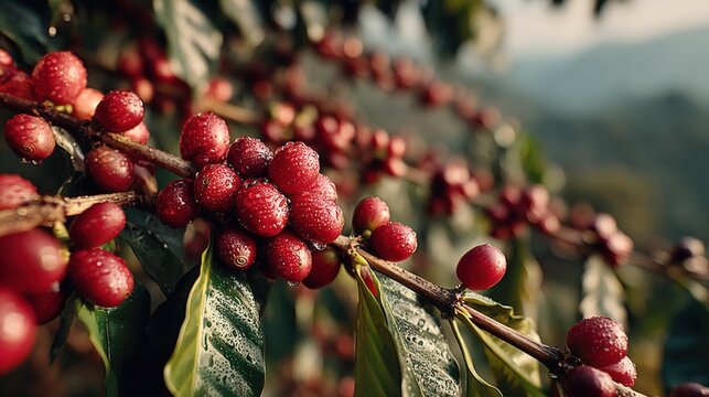 Wild coffee trees thrive on Ethiopian hillside during vibrant sunrise