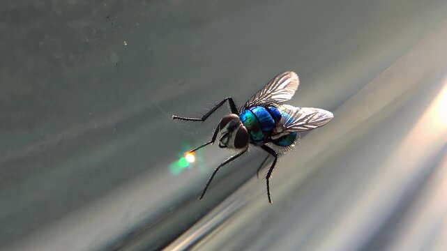 Bluebottle fly extending proboscis toward green laser beam, exploring light interaction on transparent glass surface with scientific curiosity