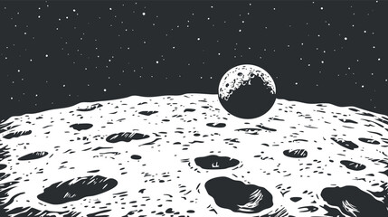 Black and white illustration of a cratered moon surface with a spherical moon in space under a starry sky