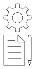Gear above sheet with lines and pen symbolizing planning, organization, teamwork, and productivity. Ideal for workflow, business strategy, creativity, education, management project planning flat