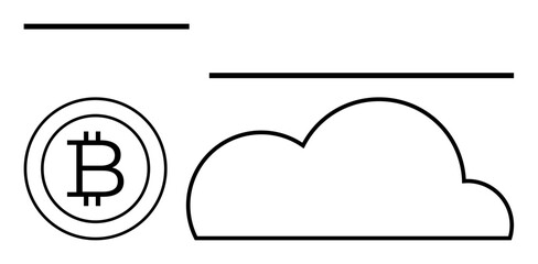 Bitcoin currency circle, horizontal lines, and a cloud outline symbolize blockchain, digital transactions, and cloud technology. Ideal for finance, technology, innovation, data storage security