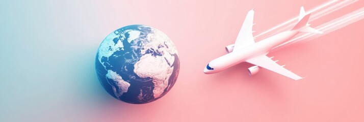 Fototapeta premium Beautiful pastel background with an airplane flying around the globe, an air travel concept with copy space for text Generative AI
