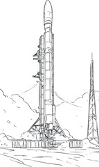 Black and white sketch of a rocket standing vertically on a launchpad ready for launch in a space facility.