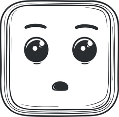 Cartoon square face with surprised expression, big eyes, and small mouth in black and white.