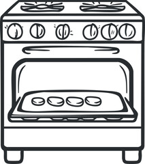Black and white line drawing of an oven with knobs and a baking tray inside with buns or bread on it
