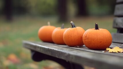 Autumn Pumpkins on Rustic Wooden Bench in Park