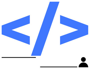Blue HTML tags with black coding lines and a small human figure, representing technology, programming, web development, design, innovation, coding concepts, and digital transformation. Ideal
