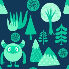 Winter monsters seamless Christmas yeti pattern for wrapping paper and fabrics