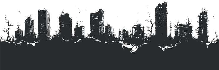 Silhouette of a destroyed and abandoned city skyline with ruined buildings and barren trees in black and white. © vadymstock