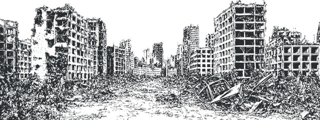 Black and white sketch of a destroyed city with ruined buildings and rubble in a postapocalyptic setting.