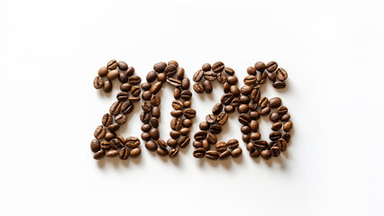 Number 2026 made of roasted coffee beans on white background. New year and coffee concept.
