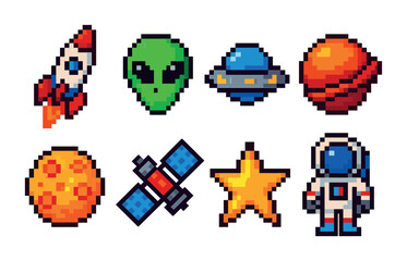 Outer space pixel art icons set – retro style cosmic, galactic, and astronaut symbols for sci-fi projects: rocket, alien, ufo, planet, moon, satellite, star, astronaut.