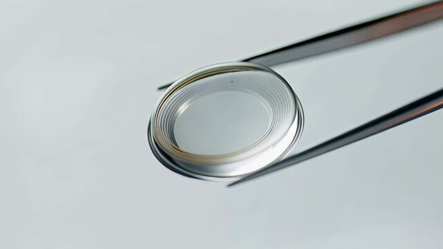 Tweezers holding and rotating an intraocular lens on a white background, showing its structure