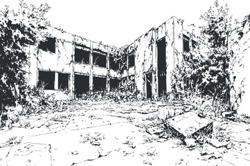 Obraz premium Black and white illustration of an abandoned concrete building overgrown with vegetation and trees