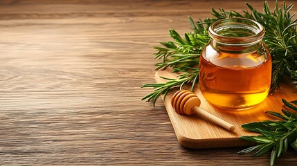 Honey with rosemary sprigs on wooden surface