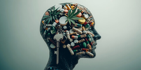 Head profile filled with various pills, capsules, and cannabis leaves, symbolizing addiction or substance abuse, mental health issue