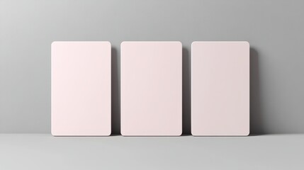 A 4K photo of three blank trading cards mockup with rounded corners isolated on gray background. Cards arranged in a row, ready for design. Perfect for branding product.