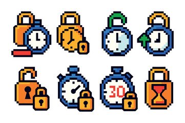 Time and security pixel art icons – retro style lock, stopwatch, and timer symbols for digital design: padlock, stopwatch, countdown, keyhole, sand timer, unlock